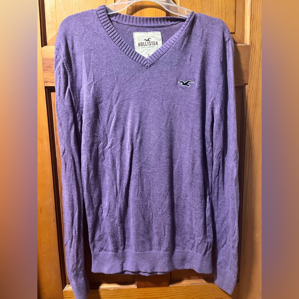 Hollister Men’s L Y2K Deep V-neck  Vintage Long Sweater Purple Logo
